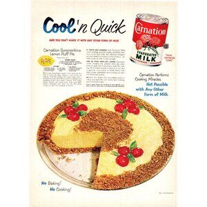1952 Carnation Evaporated Milk Lemon Fluff Pie Recipe Vintage Print Ad Wall Art